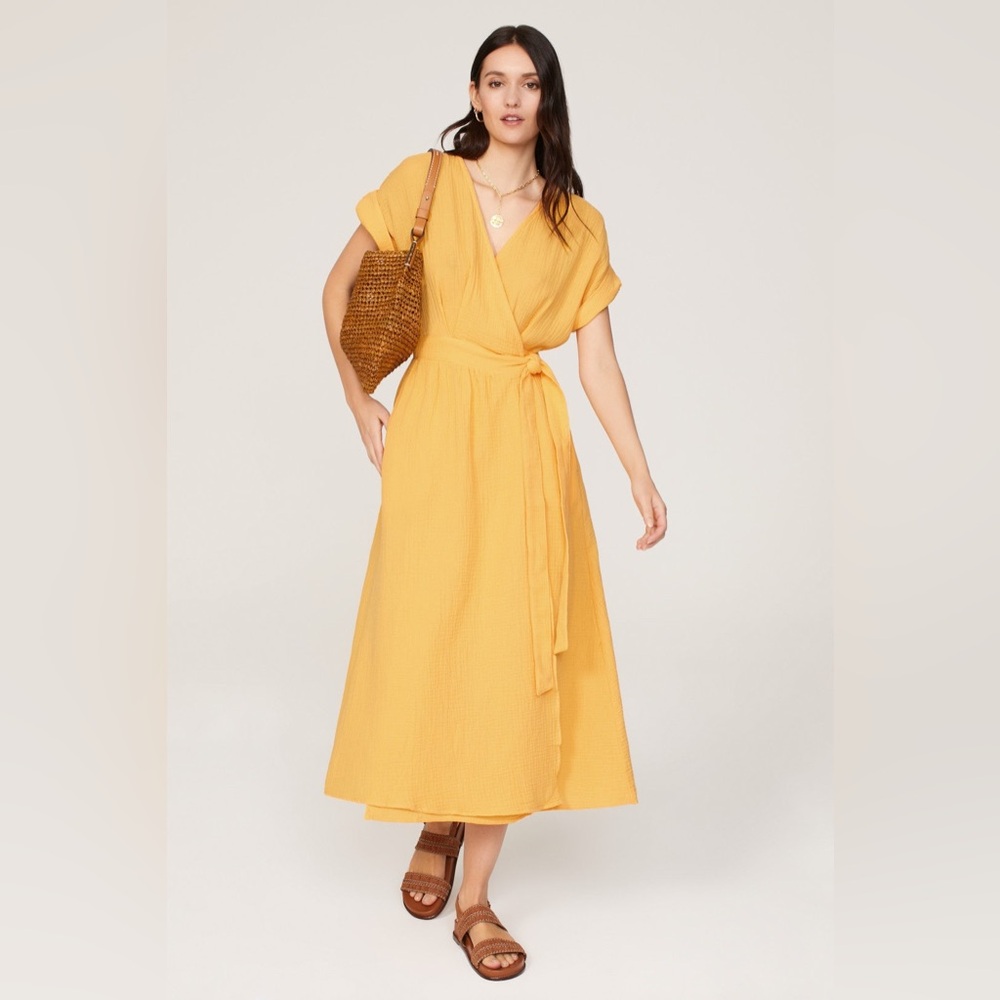 MARINE LAYER Valencia Wrap Midi Dress in Golden Yellow Size Small